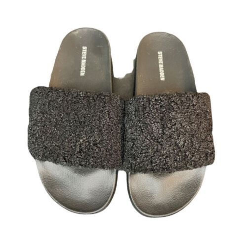 Steve Madden Womens Size 8 M Black Faux Fur Slide Sandals Slipper Shoes Slip On